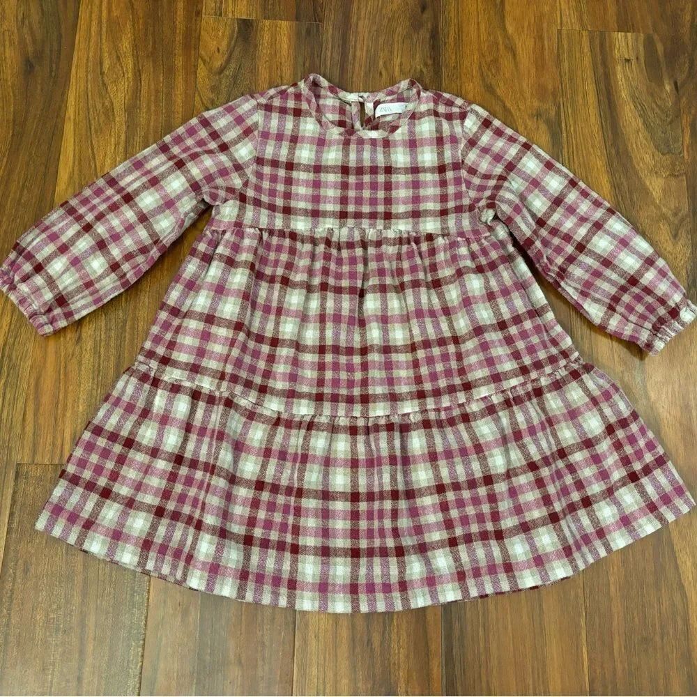 Zara purple/cream/white plaid fall long sleeve tiered dress